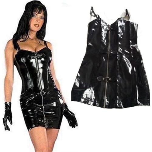 Hot Sale Plus Size Women Gothic Black Sexy Mini Bodycon Leather Dress With Front Zip PVC Catsuit Night Culb Dance Wear Sexy