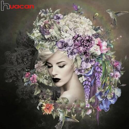 Huacan 5d Diamond Painting Woman Flower Embroidery Mosaic Girl Bird Floral Home Decor Wall Stickers