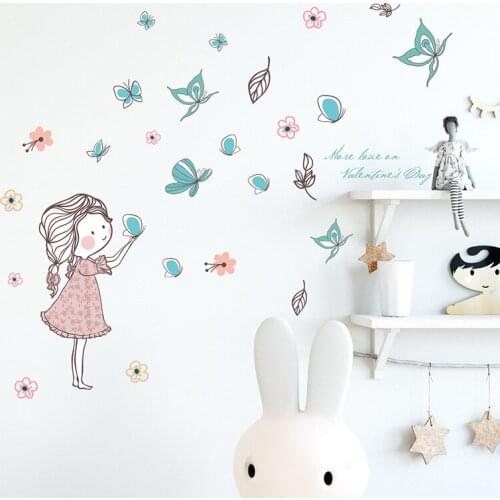 Flying Butterfly Girl Wall Stickers Bedroom Girls Room Home Decoration Art Mural Cartoon Stickers Childrens Room Wallpaper