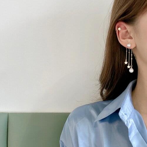Metal Pearl Earrings Long Chain Star Earrings Ear Cuff Clip Earrings Women Girl Charm Luxury Fashion Korean Style Ear Jewelry