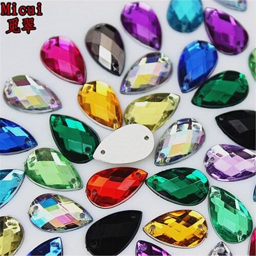 Micui 100PCS 8*13mm Crystals Drop Acrylic Rhinestone Flat Back Strass Sew On Stones Gems for DIY Dress Crafts MC52