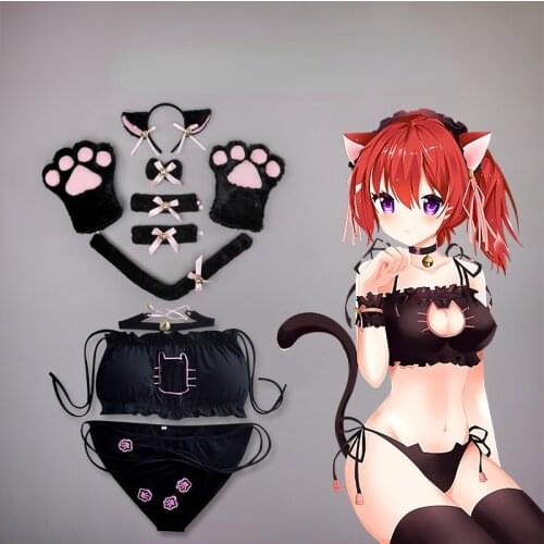 Cute Anime Cosplay Halloween Costumes for Women White Black Kawaii Cat Ears with Tails Cat Paw Gothic Lolita Beast Ears Hairpin