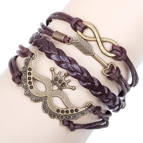 Leather Bracelet Multilayer Chain Mask Arrow Heart Infinity Pendant Crown Charm Cuff Bangles Wristband Halloween Party Jewelry