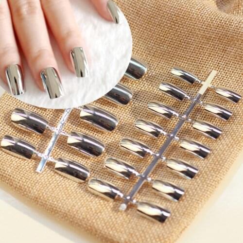 24 piece Fashion Metallic Nail Tips Acrylic Mirror Surface False Nails Long Size Silver Color in Simple Package