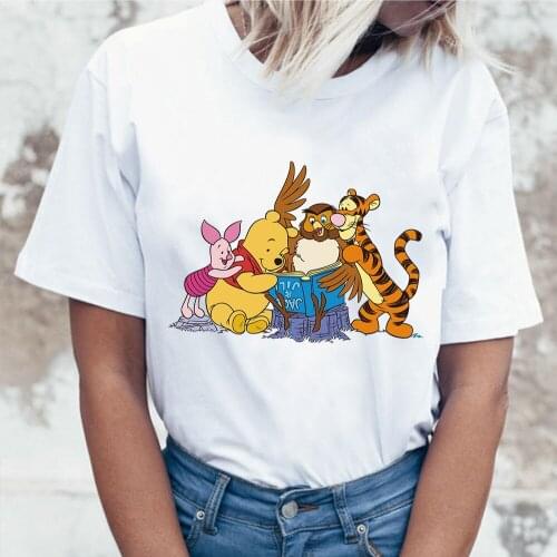 Disney Womens T-shirts Pooh Bear Ulzzang Fashion Winnie Oversized Cute Cartoons Summer White Kawaii Piglet Printing O-Neck Tops