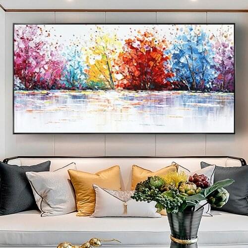 Hand Painted Large Modern Wall Art Acrylic Oil Painting Colorful Trees Water Reflection Abstract Textured Wall Painting For Home