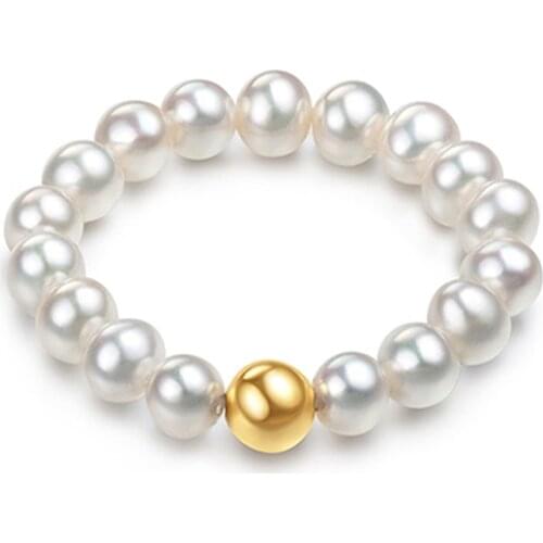 NYMPH Real Natural Freshwater Pearl Ring Elastic Rope Adjustable Pure 18K Gold AU750 Ball for Women Fine Jewelry Gifts R506