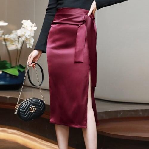TingYiLi Sexy Slit Silk Satin Skirts Womens Office Elegant High Waist Tie Pencil Skirt Korean Style Burgundy Black Skirt Midi