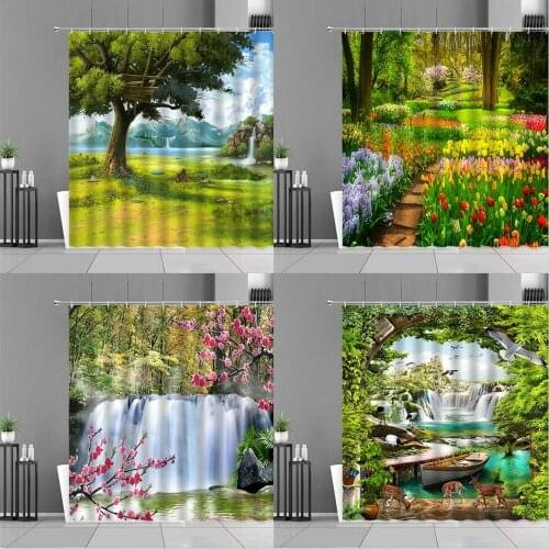 Floral Plants Scenery Shower Curtain Tree Flowers Waterfall Bird Deer Spring Landscape Bath Curtains Home Bathroom Decor Screens