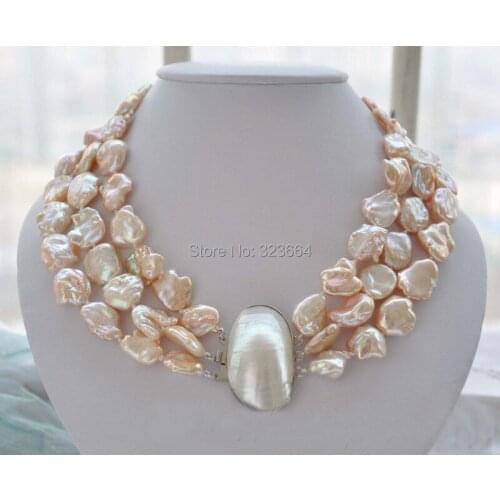3strands 19mm BAROQUE pink KESHI REBORN PEARL NECKLACE mabe clasp