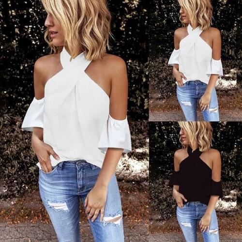 Women Fashion Cold Shoulder Ruffled Sleeve Criss-cross Halter T-shirt Women Clothes 2020 New