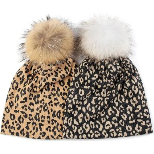 Charm Wood Adult Leopard Print Beanie Hats For Women Warm Fashion Hat Female Baggy Beanies Skullies With 15cm Real Fur Pompom