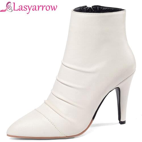 Lasyarrow Zipper Sexy Autumn Winter Ankle Boots Women High Heels Short Pointed Toe Fashion Pleated PU Leather Martin Boots F603