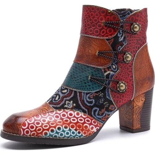 Retro Braided 2020 NEW Woman Boots Rope Printing Embossing Genuine Leather Splicing 6CM Thick High Heel Boots Ladies Shoes Women