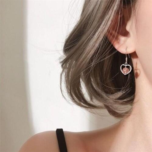 Season Gate 925 Sterling Silver Sweet Lovely Pink Bead in Heart Shape Personlity Fashion Earrings for Women Jewelry Gift SE053