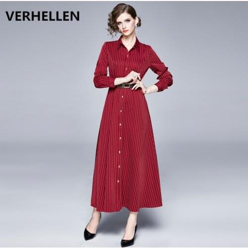 VERHELLEN High Quality Runway Maxi Dress 2020 Spring Fashion Womens Long Sleeved Striped Print Ankle Length Party Long Dresses