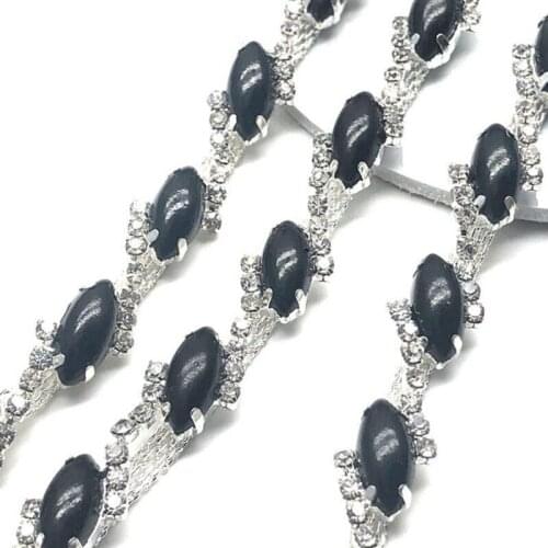 10Yards 7X15 Black Pearls Diamante Clear Chain Rhinestone Rrim Dance Clothes Headband Trim