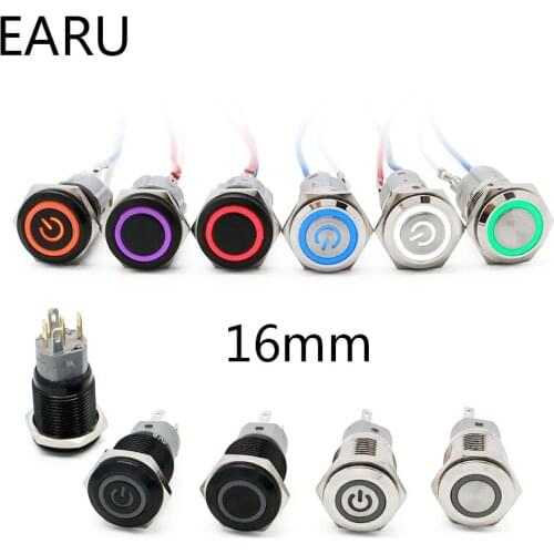 16mm New Waterproof Metal Push Button Switch LED Light Black Momentary Latching Auto Car Engine Computer PC Power Switch 3-380V