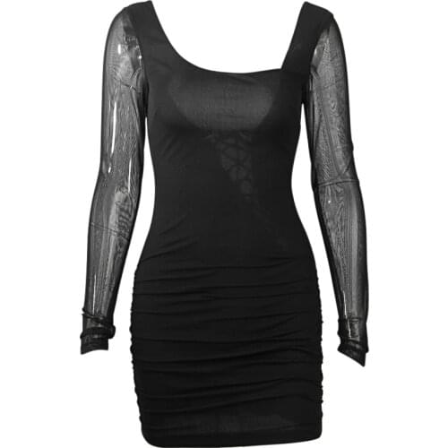 2021 Sexy Backless Summer Dresses Women Long Sleeve Mesh Pleated Dress Hollow Out Black Red Womens Mini Dress Square Collar