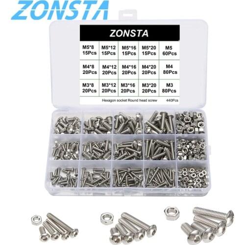 440pcs Round Hexagon Socket Head Screw Set M3 M4 M5 Stainless Steel Hex Socket Button Head Bolts and Nuts Allen Key Screws Kit