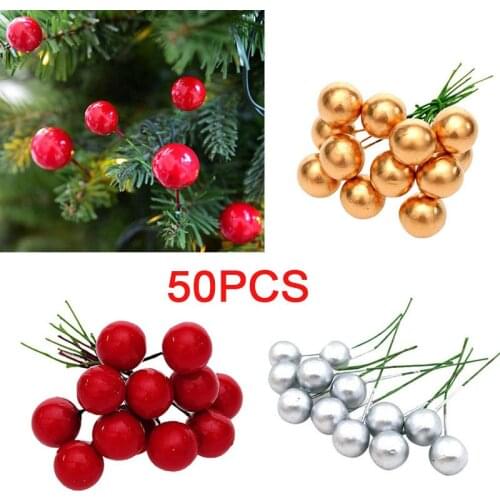 50pcs/lot Red/gold/silver Berry Artificial Flowers Fruit Artificial Berries Pearl Branches for Scrapbooking DIY Home Decoration