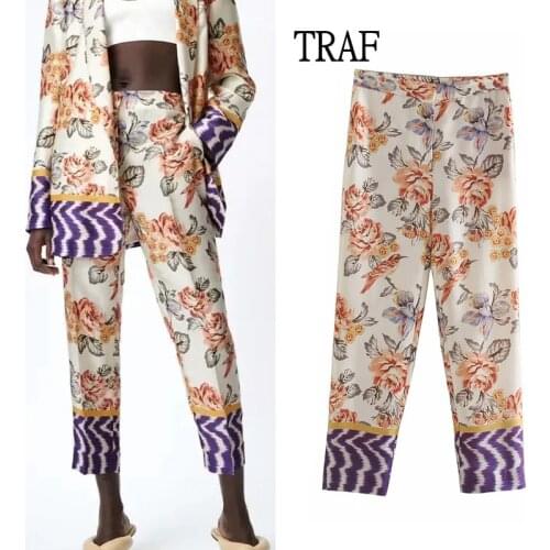 TRAF Za Women Pants 2021 Summer Print Narrow Pants Woman Y2k Elastic High Wasit Pants Vintage Streetwear Casual Woman Trousers