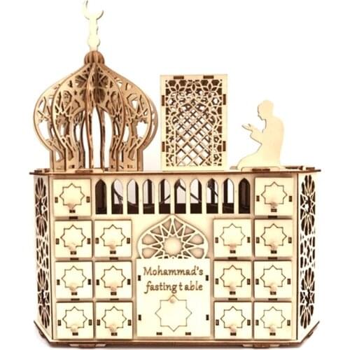 Wooden Eid Mubarak Ramadan Advent Calendar LED Light DIY Muslim Islamic 30 Grids