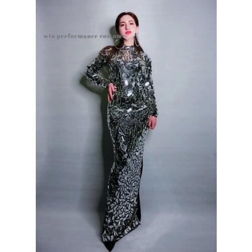 Spasrkly design bright full mirrors long dress women black dress rhinstone costume celebrate host bling stars singer