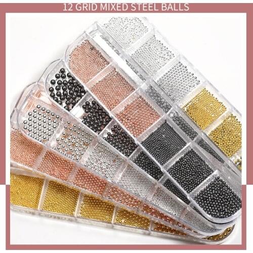 1 Piece of 12 Grid Long Strip Box of Gold Silver Rose Gold Metal Stainless Steel Ball Microbeads Mixed Size Nail Decoration Tool