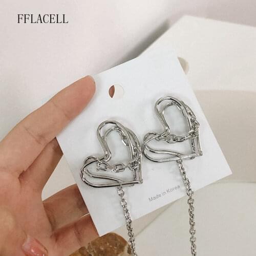 FFLACELL 2020 NEW Punk Metal Chain Geometric Love Heart-shaped Stud Earrings Women Party Jewelry