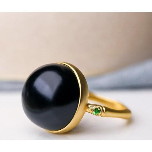 S925 Sterling Silver Dark Jade Ring Natural Hetian Jade Ring Personality Retro Couple Ring Full Big round Egg Ornament