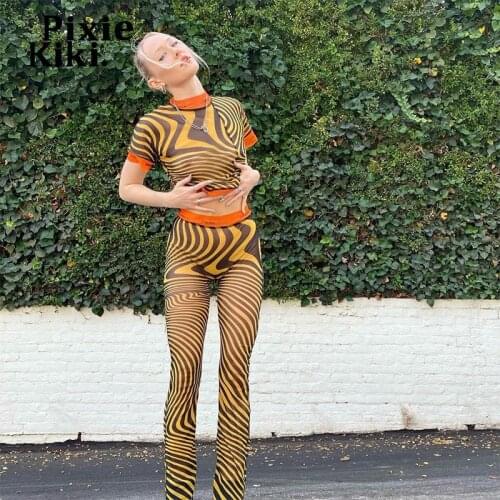 PixieKiki Yellow Zebra Printed See Through Mesh 2 Piece Pants Sets Womens Outfits Clubwear Y2k Streetwear Matching Sets P96-CC16
