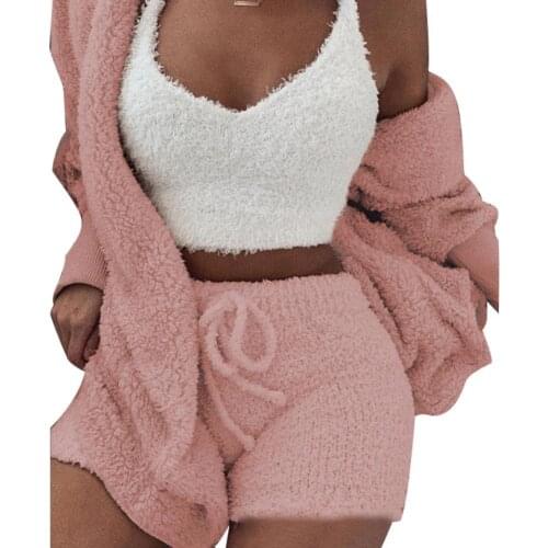 3Pcs Women Autumn Plush Sexy Crop Top Long Sleeve Coat Drawstring Shorts Suit