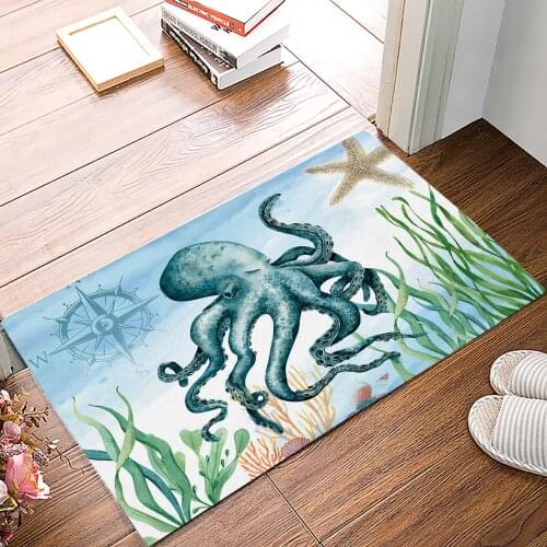 Ocean Theme Animal Octopus Starfish Anti-Slip Doormat Bedroom Kitchen Mat Bathroom Rug Home Doormat for Entrance Door