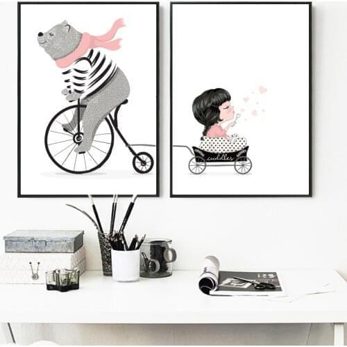 Wall Art Print Bear Travel With Little Girl Canvas Painting Nordic Cartoon Posters And Prints Canvas Pictures Kids Room Decor