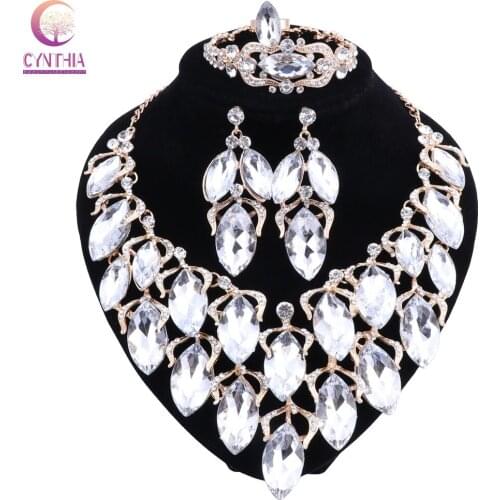 New Fashion Gold-color Crystal Necklace Earrings Bracelet Ring for Women African Bridal Wedding Jewelry Sets