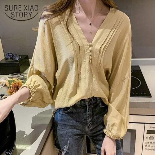 2021 Spring New Vintage Womens Blouse Simple Bottoming Shirt Loose Korean-Style Lantern Sleeve Shirt Solid Color Blusas 11002