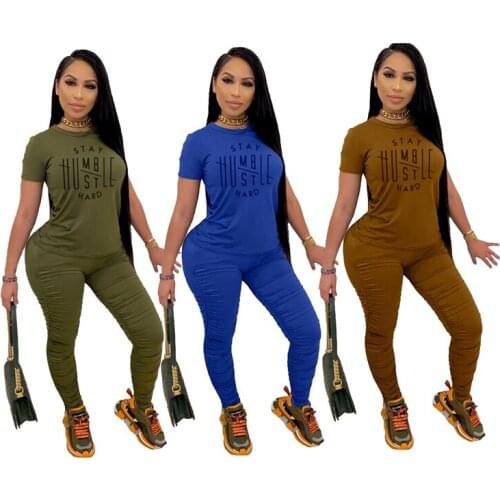 OEM 2021 fashion short sleeve letter t shirt with stacked pants two piece set women lounge wear sets