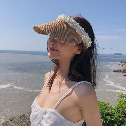 2021New Panama Womens Summer Sun Hat Straw Straw Hat Womens Sunscreen Beach Sunscreen Pearl Empty Top Hat