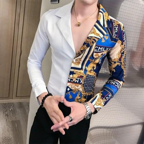 Fashion Stitching Printed Shirt 2021 Autumn Baroque Mens Shirt Long Sleeve Patchwork Camisa Masculina Men Slim Party Club Shirt
