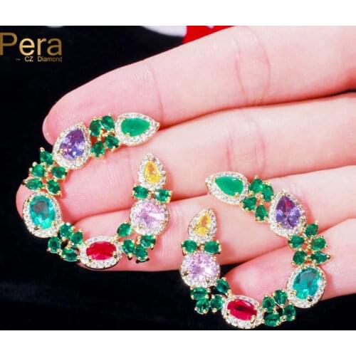 Pera Emerald Green CZ Stone Paved Asymmetric Duibai Yellow Gold Round Big Luxury Women Earrings for Cocktail Party Jewelry E440
