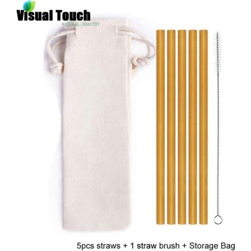 Visual Touch 5Pcs Natural Bamboo Straws With Cloth Bag Clean Brush Set Handmake Reusable Straws Eco-friendly Straws Bar Tools