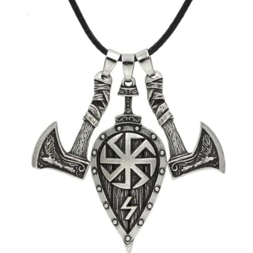 Viking Men Odin raven Slavic Amulet Sword Axe Shield Pendant Necklace Jewelry Double-sided Rune Ancient Bronze Axe Necklace