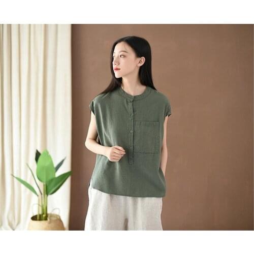 Shanghai Story Women Cotton Linen Casual Loose Button-Down Shirt Solid Short Sleeve Basic Blouse Henley Tops