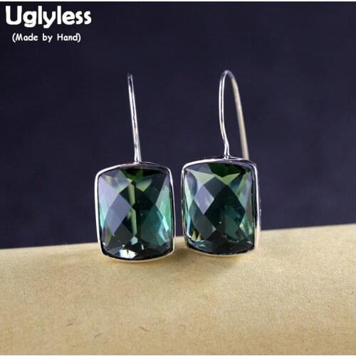 Uglyless Faceted Green Crystal Earrings for Women Geometric Square Drop Earrings Solid 925 Sterling Silver Brincos Bijoux E1619