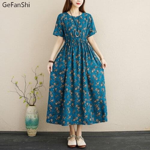 2021 Casual Loose Print Vintage Short Sleeve Dress Elegant Ladies Fashion Women Summer Dresses Cotton Linen Clothes Plus Size