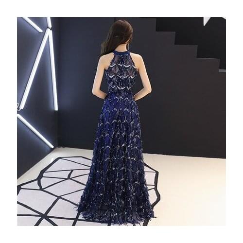 100%real royal blue halter beading rhinestone long dress stage performance party stuido red carpte long dress