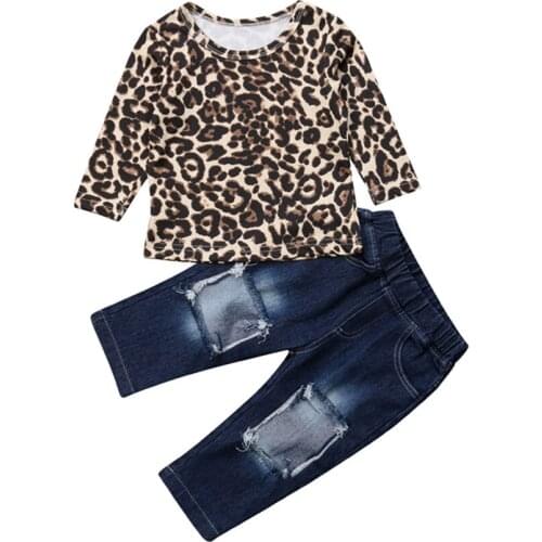 Toddler Baby Girls Clothes Leopard print round neck long sleeve pullover Tops Hole pocket Pants 2pc kids cotton autumn Outfits