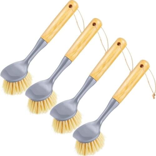 4 Pieces Long Handle Dish Brush Wooden Dish Brush with Bamboo Handle Bristles Dish Scrubber with Built-in Scraper