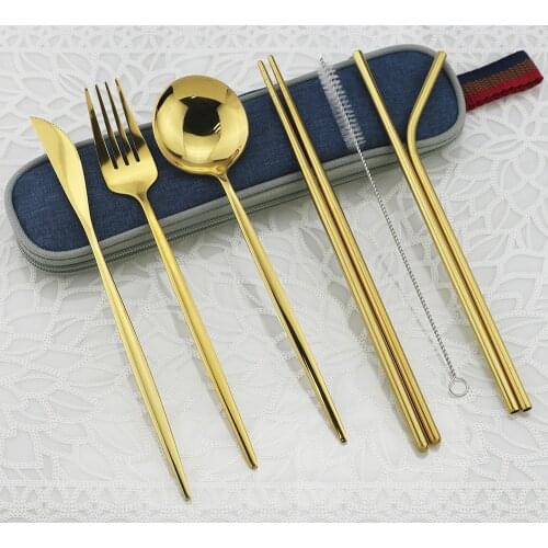 8pc Portable Shiny Gold Travel Dinnerware Set Stainless Steel Flatware Set Spoon Fork Knife Cutlery Set With Chopsticks Straws